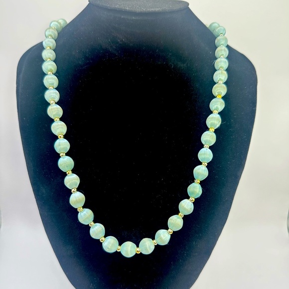 Vintage 50s Light Blue Silk Thread Beaded Necklace Gold Tone Jewelry 15" - Picture 1 of 1